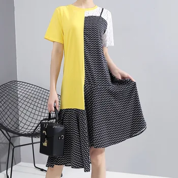 

2020 New Spring Summer Hit Color Lace Patchwork Pleated Irregular Dress Round Neck Short Sleeve Pullover Dress Plus Size