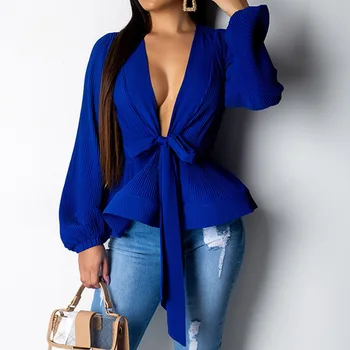 

Blue White Bow Long Sleeve Women Striped Blouses Shirts Spring Autumn Sexy Deep V-neck Chiffon Shirt Lady Elegant Tops Blusas