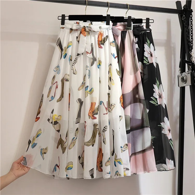 hoop skirt TFETTERS 22 Color Chiffon Floral Long Skirt Spring/summer 2020 New Bohemian Skirt  Long High Waist Beach Skirt Womens Clothing white denim skirt