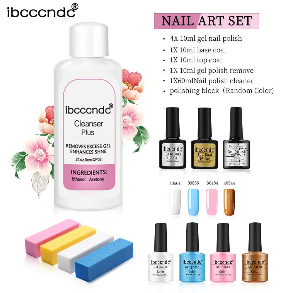 

Nail Art Kit 4 Colors 10ml Nail Polish UV Gel Polish Base and Top Burst Magic Nails Remover Cleanser Manicure Polishing Block