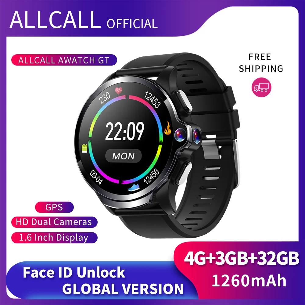 

Allcall Awatch GT New Smart Watch 4G 32GB ROM 3GB RAM 1260mAh 1.6 Inch IP67 GPS Watches Men Sport Dual Camera Face ID Smartwatch