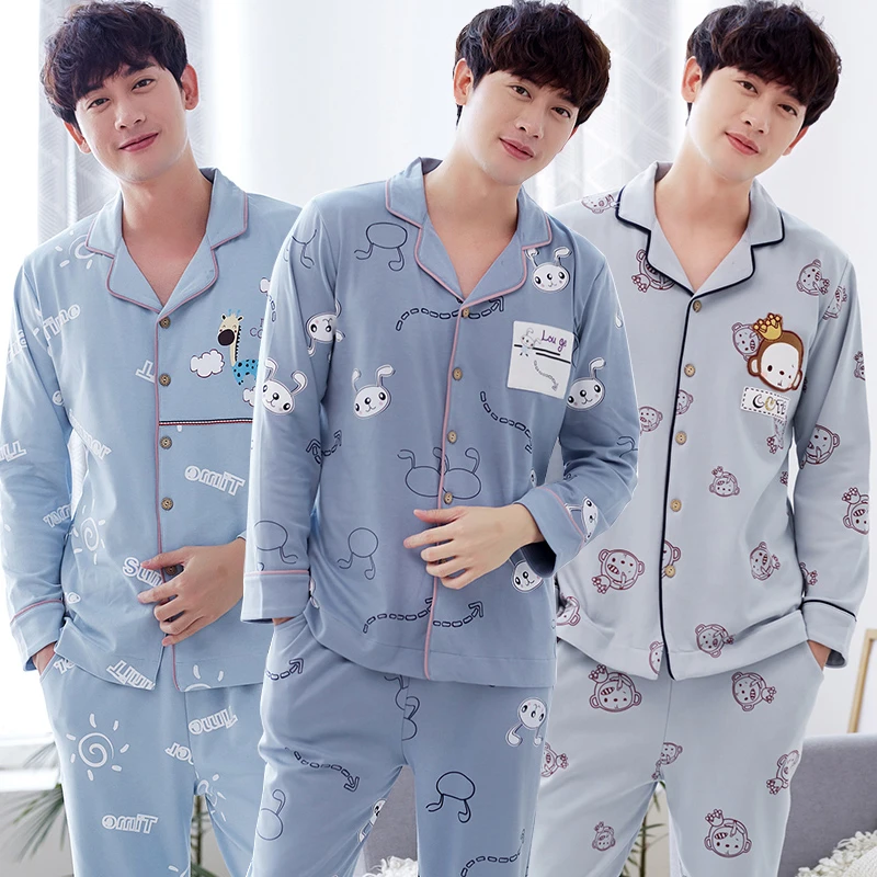 2022 Spring Autumn Long Sleeve Cotton Print Pajama Sets for Men High Quality Loose Sleepwear Pyjama Male Lounge Homewear Clothes mens loungewear sets