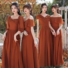 Brick Red Long Simple Bridesmaid Dress Chiffon A Line Maxi Formal Wedding Guest Party Dresses 4 Style YSAN1269