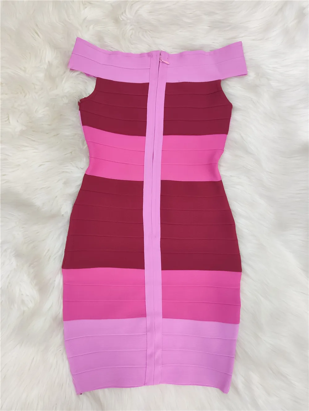 High Quality Pink Striped Off The Shoulder Bodycon Rayon Bandage Dress Elegant Club Party Dress