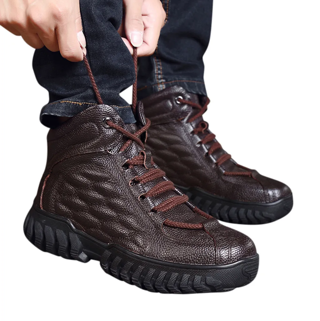 Boots Men Leather Sneakers Boots Fashion Winter Snow Warm Boots Outdoor Non-slip Leather Shoes Breathable Military Boots