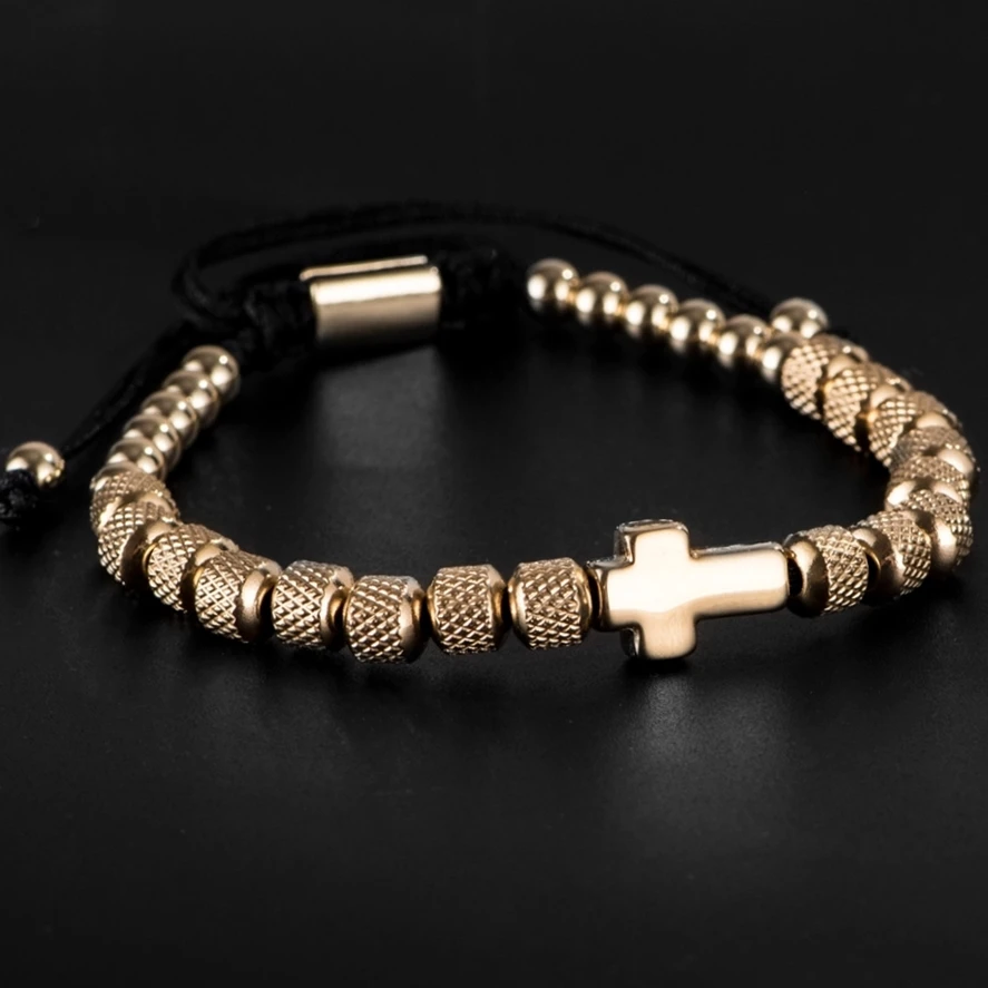 Charm Cross Stainless Steel Beaded Bracelet Jewelry Handmade Men Women Prayer Fitness Chain Couple Gift