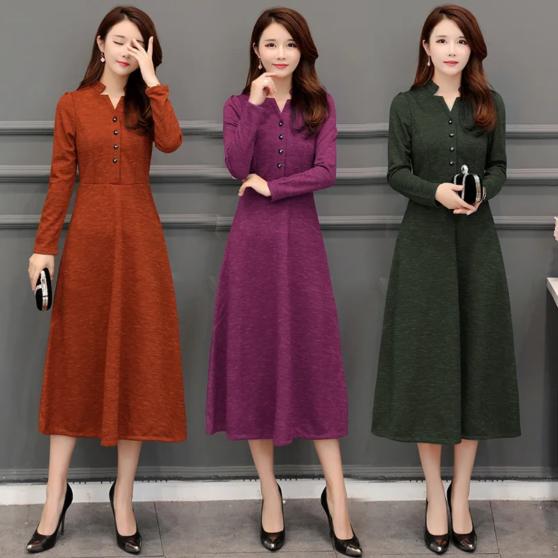 

2019 Autumn And Winter New Style Solid Color Pocket Large Size Dress Long Sleeve Waist Hugging Slimming over-the-Knee-Style Swin