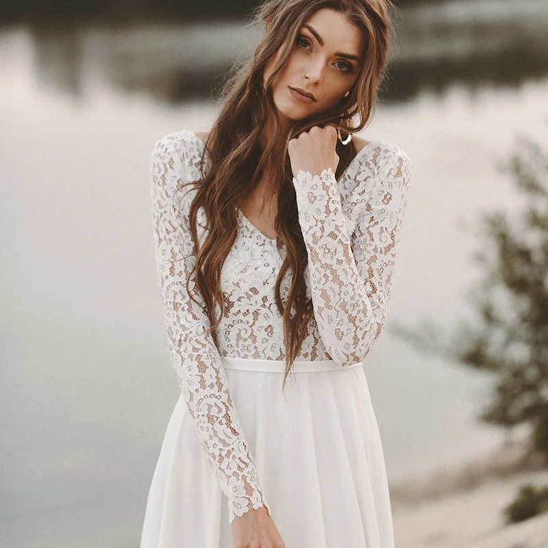 Trouwjurk Boho Beach Open Back Wedding Dress 2020 New Lace Long Sleeves Wedding Gowns Simple A Line Chiffon Bride Wedding Dress (3)