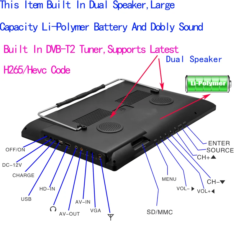 Korea Digital Mini Tv LEADSTAR 14 inch HD Portable Mini TV Built in ATSC-T Digital Tuner Atsc decoder Supports H265/Hevc