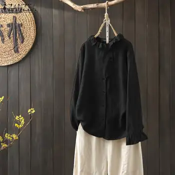 

2020 Summer Solid Cotton Blouse Ruffled Neck Irregular Button Tunic Tops ZANZEA Women Long Sleeve Shirt Chemise Blusas S 5XL