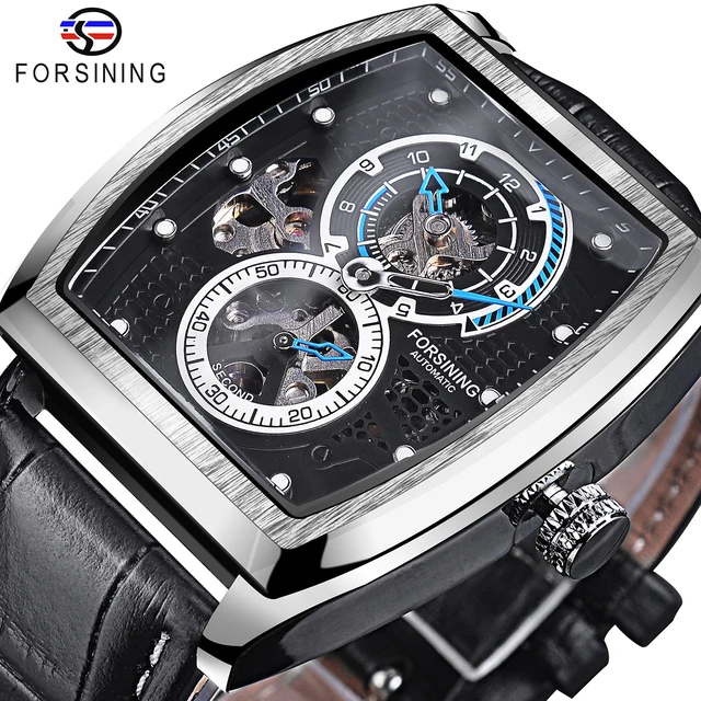 Forsining Black Dial Waterproof Automatic Mechanical Watch Skeleton Rectangle Military Watches With Bule Pointer Genuine Leather GMT1209-6