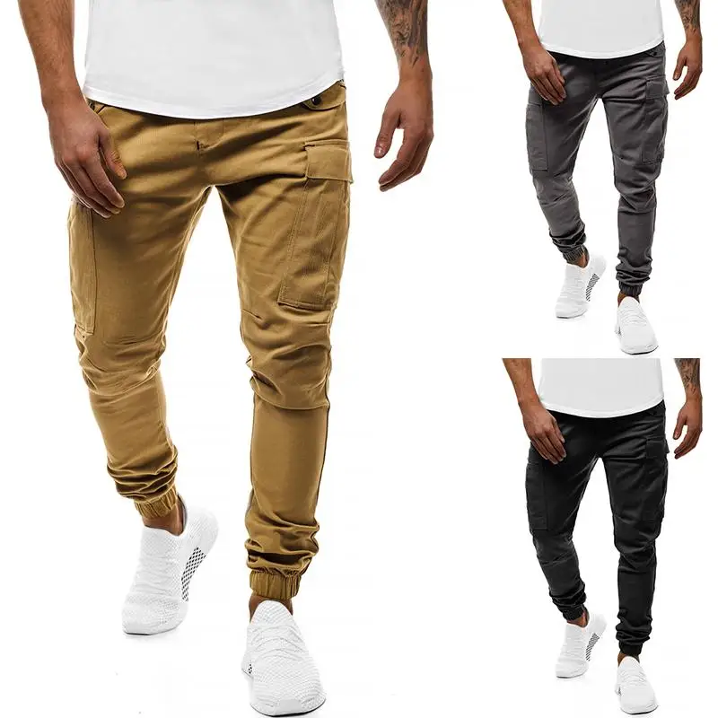 Men Pants Pocket design Casual Sports Trousers Cargo Sweatpants Slim Fitness Gray Khaki Black New