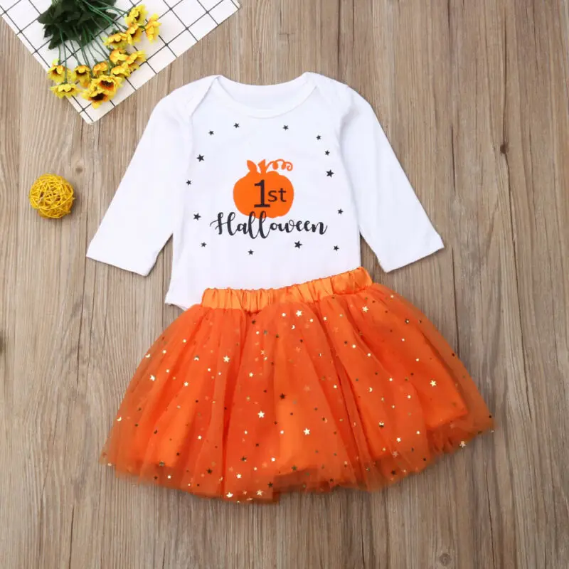 

US 2019 My 1st Halloween Newborn Baby Girls Clothes Tops Romper Stars Tutu Skirt Clothes Set 2pcs 0-18 months
