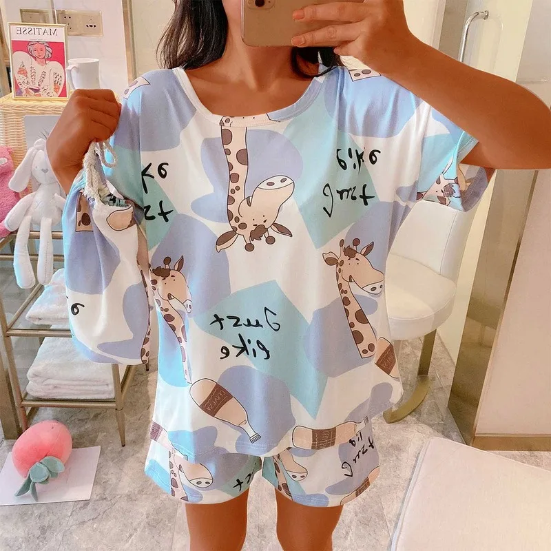 Women's summer suit pajamas Sleepwear home service loose casual printed pajama set woman 2 pieces suits with T-shirt and shorts
