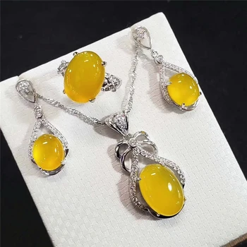 

Jadery Natural Yellow Chalcedony Jade Topaz Women Jewelry Sets 925 Sterling Silver Necklace/Earrings/Ring Party Fine Jewelry New