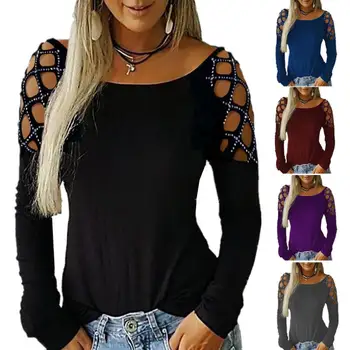 

HIgh Quality Womens Tops Autumn Female Basic Shinny Tops Fashion Casual Crew Neck Studded Hollow Out Long Sleeve Casual Shirt