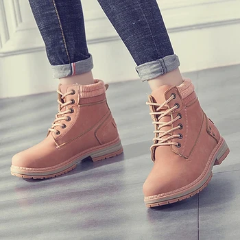 

Women Leather Ankle Boots Fashion Lace Up Waterproof Winter Combat Booties Low Heels Keep Warm Martin Outdoor Boots Female 2019