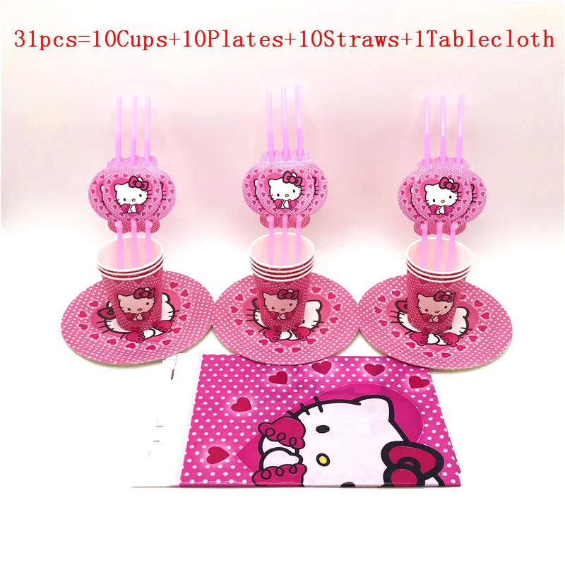 Горячая Распродажа 61 шт/31 шт мультяшный рисунок hello kitty тема Ребенок Девочка День рождения Свадьба гибкие соломинки бумажные стаканчики и тарелки украшения поставка