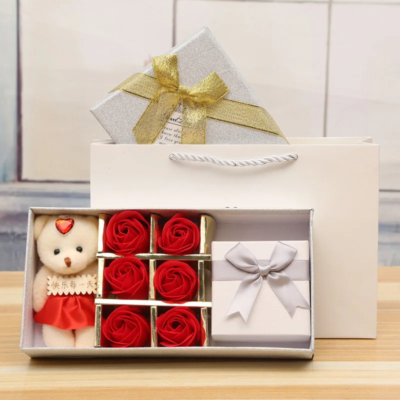 6 шт. романтический розовый медведь с подарочной коробкой мыло цветок бутоны искусственных цветов купальная коробка лепестки на День святого Валентина Свадебный Подарок