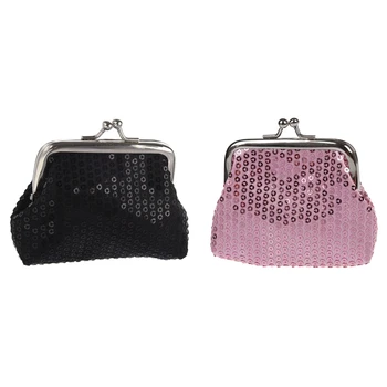 

2pcs Women's Sequins Coin Purse Buckle Mini Wallet - Black & Pink