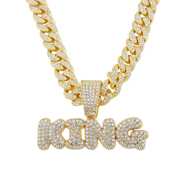 

New Men Hip Hop Jewelry Cubic Zircon King Pendants Necklaces Bling Iced Out Full Rhinestone Cuban Link Chain Letter Necklace
