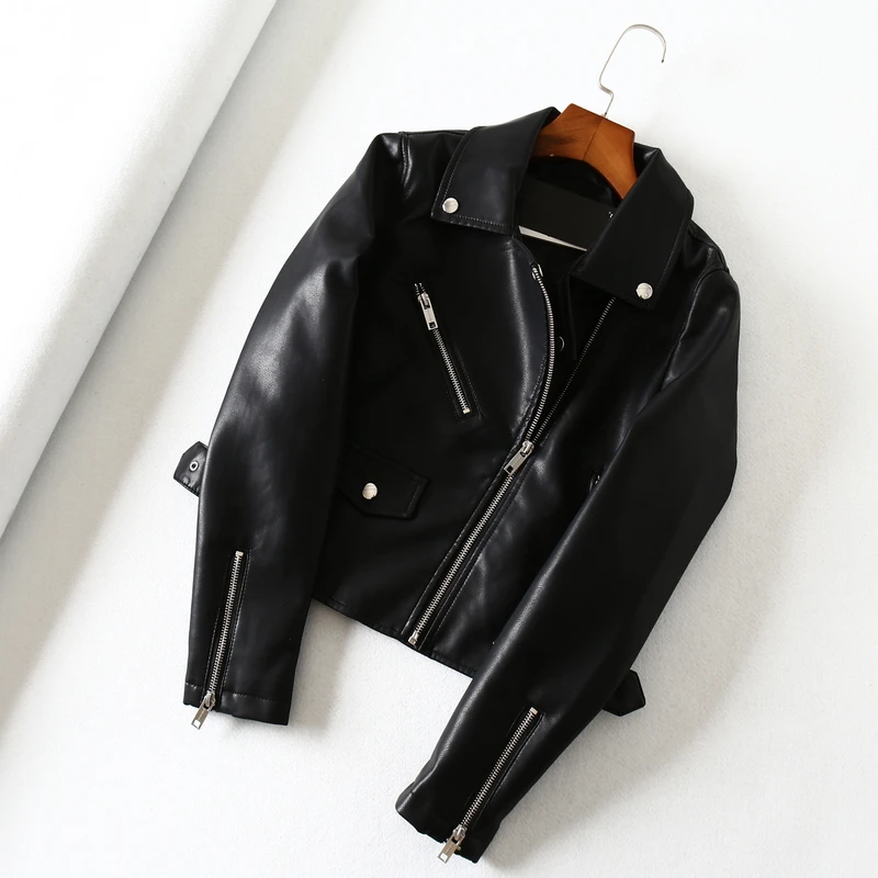 New Spring Women Pu Motorcycle Soft Leather Jacket Rivet Zipper Turndown Collar Female Black Autumn Coat Faux | Женская одежда