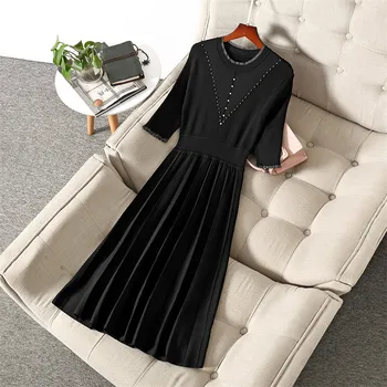 

High Quality Runway Fashion Autumn Winter Dress Long Sleeve Clothes Elegant Beading Solid Aline Knitted Sweater Dress