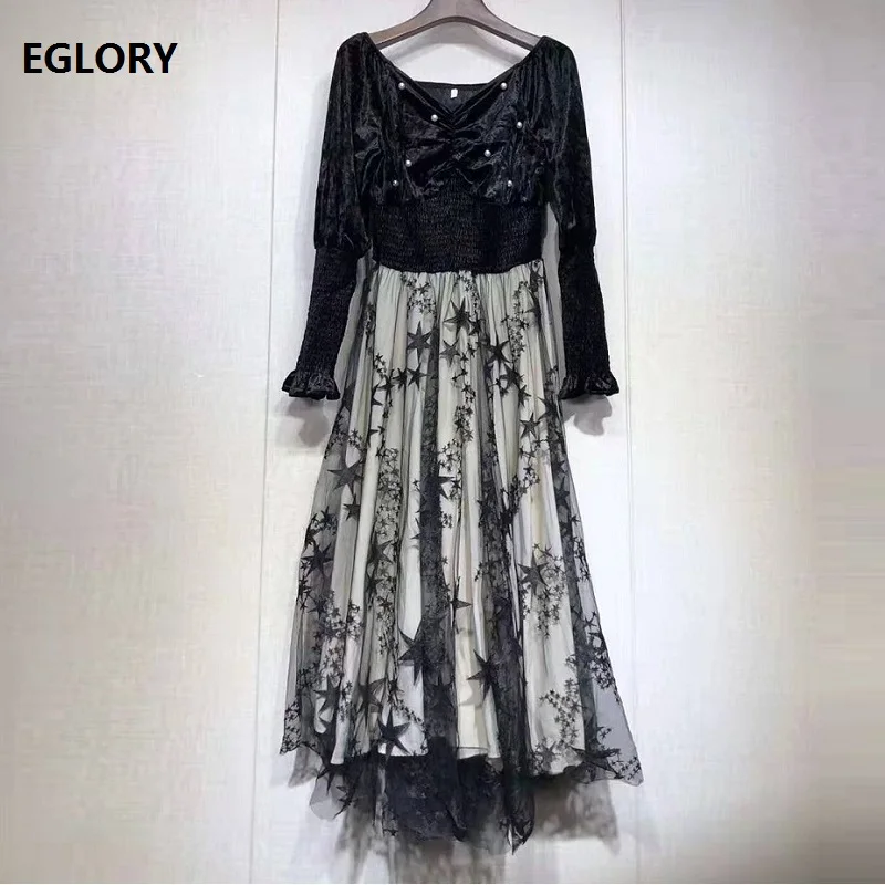 

Top Quality 2019 Autumn Elegant Party Women Dresses V-Neck Star Mesh Embroidery Velvet Patchwork Mid-Calf Vintage Dress Femmes