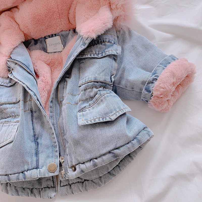 Autumn Winter New Arrival Girls Fashion Denim Coat Kids Fashion Jackets with Fur Hoodies Kids Thick Fleece Coat