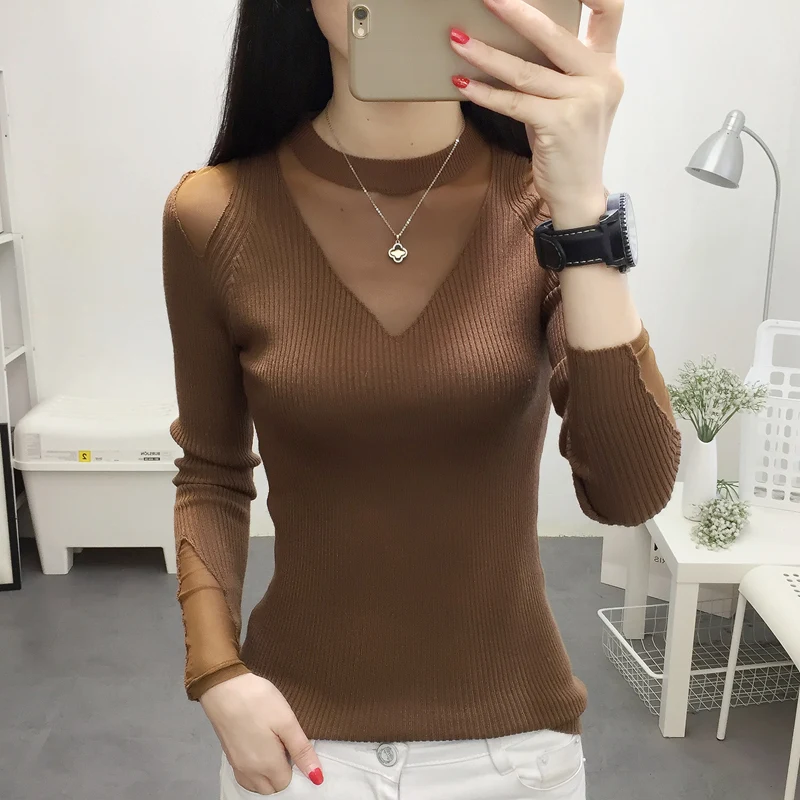 

Uego Autumn Winter Thin Basic Sweater Shirts Lace Patchwork Slim Knitting Sexy Ladies Sweater Women Casual Spring Sweater