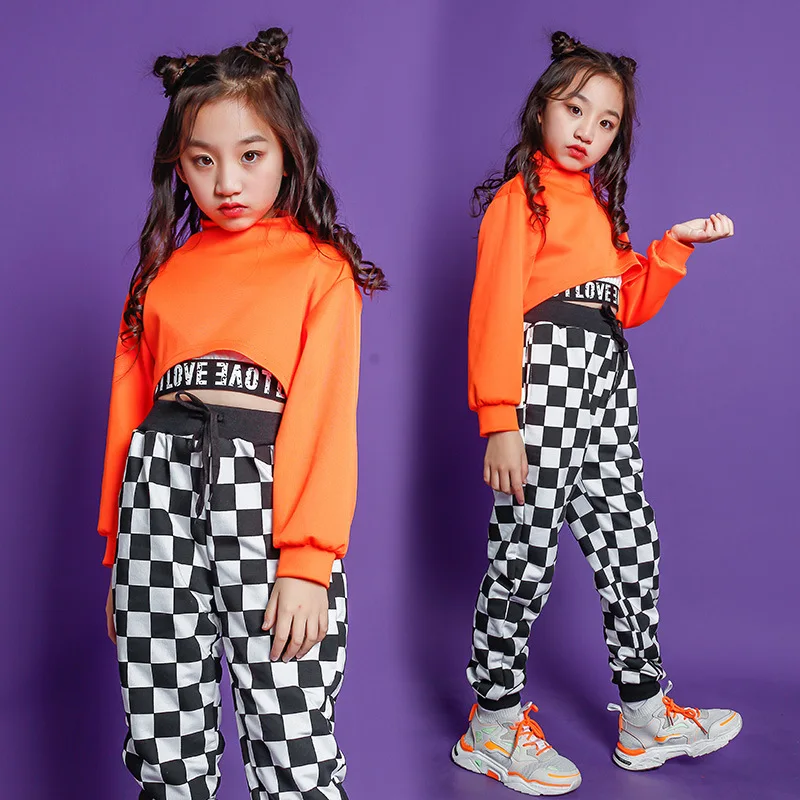 Kid Hip Hop Clothing Turtleneck Sweatshirt Crop Top Long Sleeve Streetwear Checkered Jogger Pants for Girl Dance Costume Clothes