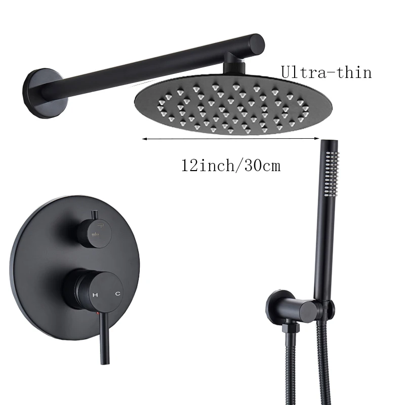 12 inch thin Круглый матовый черный смеситель для душа латунь 2 функции холодной и горячей душевой набор настенный смеситель для ванной комнаты круглая душевая головка - Цвет: 12 inch thin