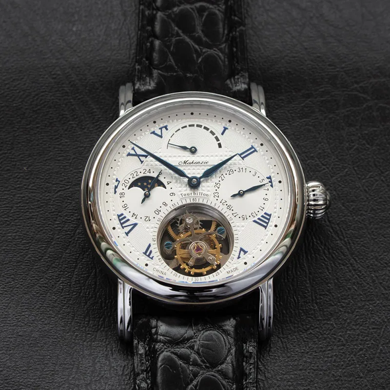Высококачественные часы с хронографом Pilot Tourbillon, мужские часы с фазой Луны ST8007, модные мужские механические часы с календарем, запас мощности