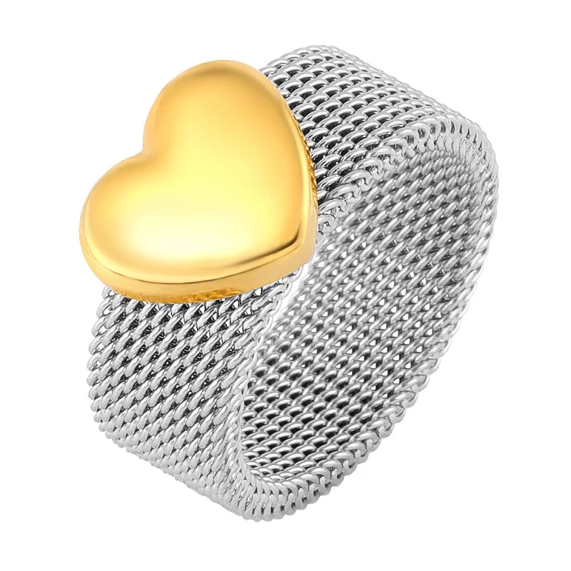 Stainless Steel Gold Color Ring Heart Shape Mesh Rings For Men Women Lover Jewelry Gift
