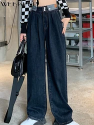 Weekeep vintage preto jeans retas mulheres chique cintura alta botão voar baggy perna larga calças jeans streetwear y2k estético capris