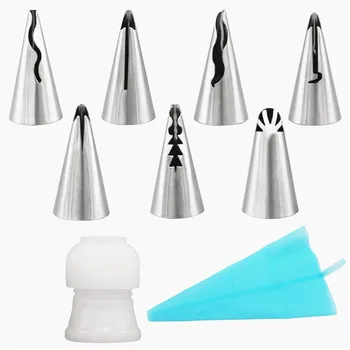 

9Pcs/Set Silicone Kitchen Accessories Icing Piping Cream Pastry Bag 7 Stainless Steel Dress Nozzle Set DIY Cake Decorating Tips