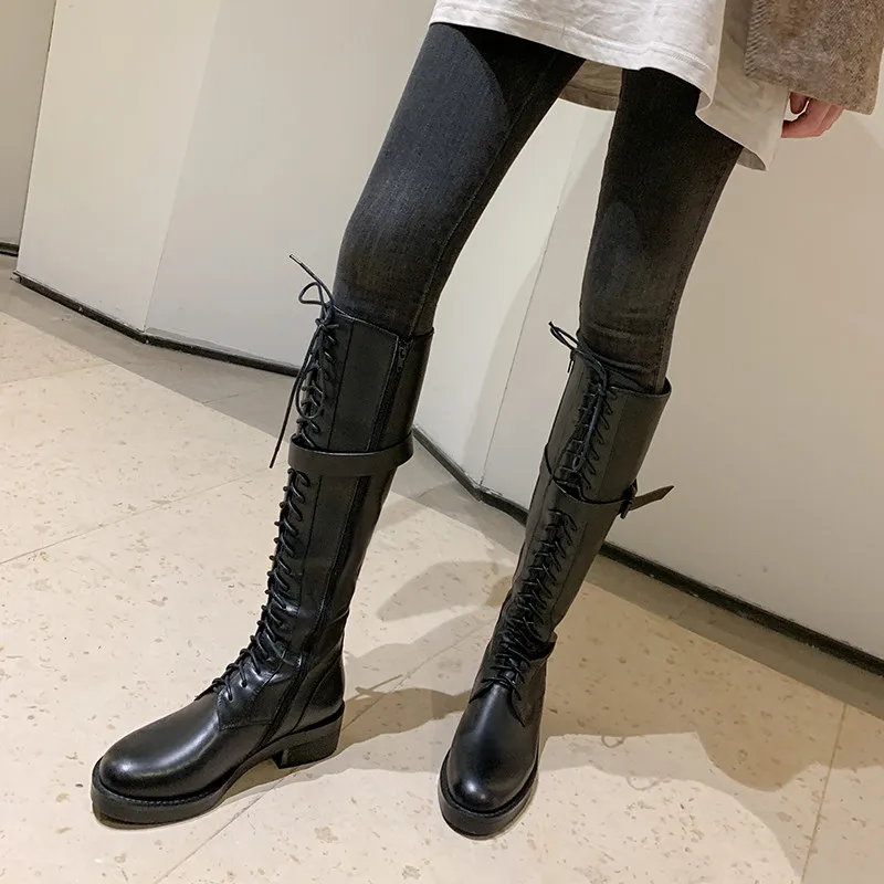 MORAZORA Newest knee high boots women genuine leather shoes round toe lace up zip punk Motorcycle Boots fashion shoes woman