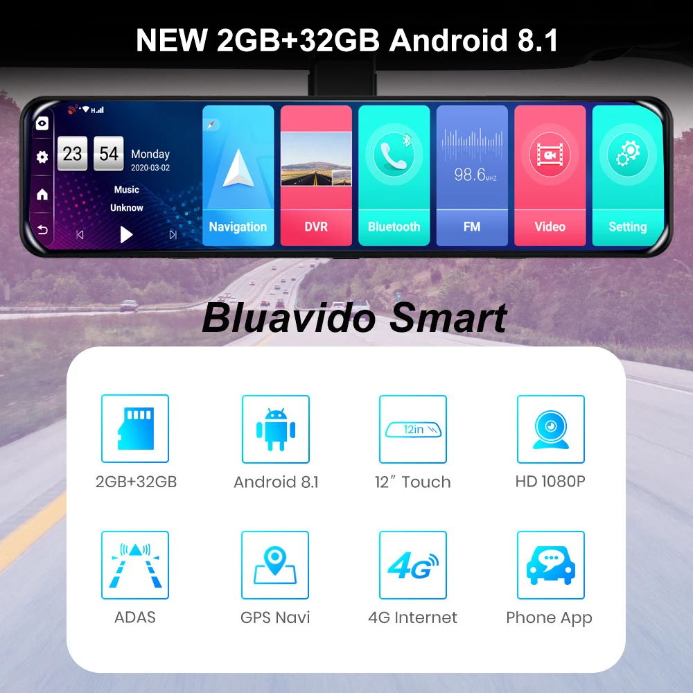 Автомобильный видеорегистратор Bluavido 12 дюймов Android 8 1 двойной объектив 1080P WiFi GPS