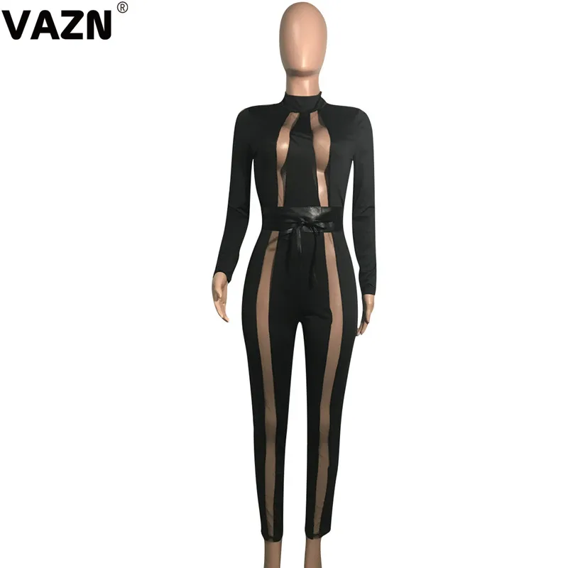 VAZN GYD18070 tos design autumn sexy lady black jumpsuit full sleeve zipper fly skinny jumpsuit springy sexy club jumpsuits