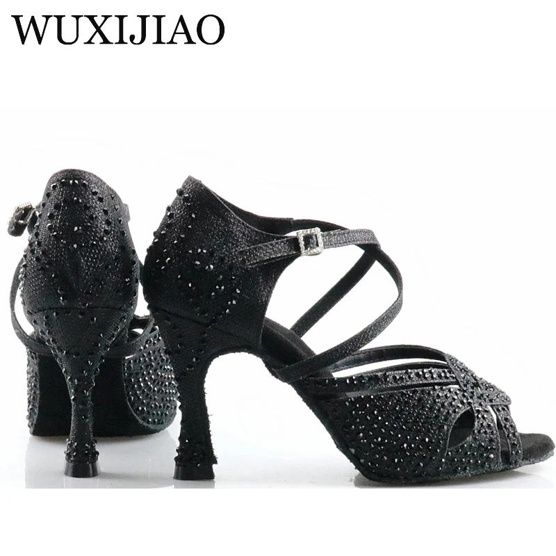 

WUXIJIAO Women Salsa party Ballroom shoes Latin dance shoes big small rhinestone shining Bronze Skin Black satin Cuba heel 9cm