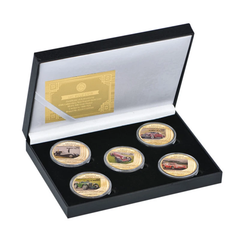 Классические винтажные автомобили Позолоченные памятные монеты металлические монеты с защитным корпусом коробка держатель Бизнес подарок для мужчин - Цвет: 5 coins in gift box
