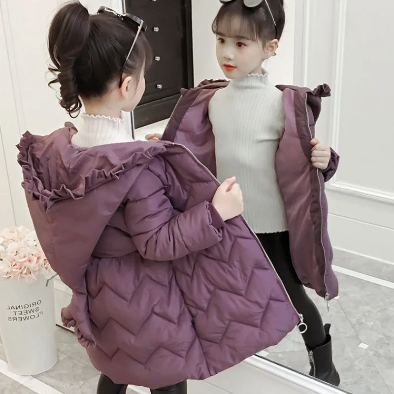 Новые зимние милые теплые хлопковые пальто с капюшоном для девочек детские тонкие куртки с принтом детская ветрозащитная куртка с большим меховым воротником От 2 до 10 лет