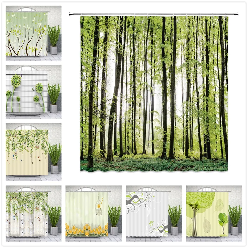 

Tree Woodland Landscape Shower Curtains Cloth Flower Butterfly Abstract Plant Scenery Pattern Bathroom Decor Polyester Curtain