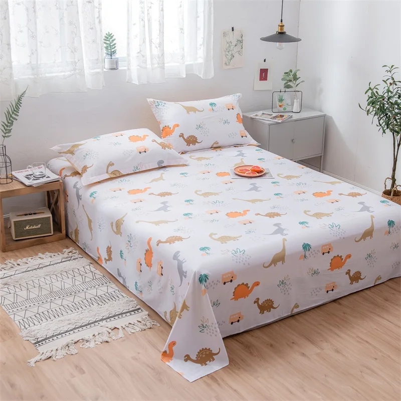 

Beige Color Cartoon Dinosaur Printed Flat Sheet 100% Cotton Fabric Mattress Protector Cover 200x230cm/230x250cm Size Bed Sheet