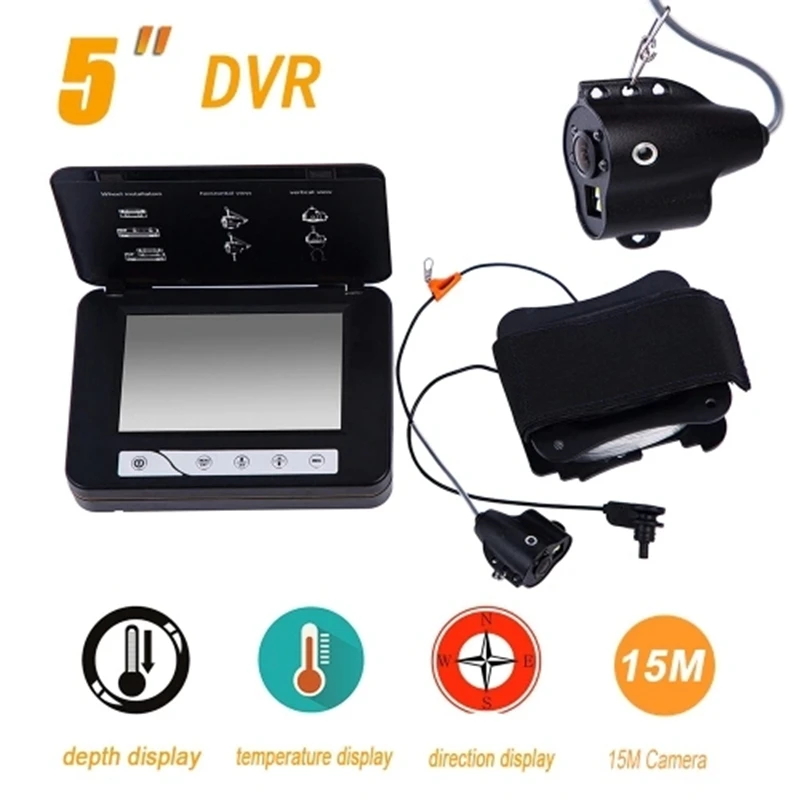 

15M Fish Finder Underwater Ice Fishing Camera 5 Inch LCD Monitor Camera with Night-Vision Temperature Direction Depth Display Fu