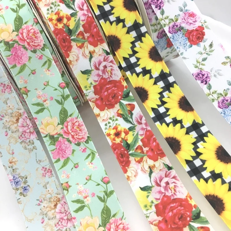 Flowers Satin Ribbon 38mm 5Y for Handmade Craft Patchwork Bows Christmas Easter Marriage Deco Gift Floral Packing