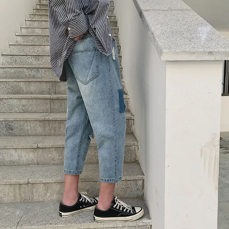 Мужские рваные джинсы брюки Oversized негабаритный рваный до щиколотки брюки молодежные мужские уличные брюки повседневные джинсы мода