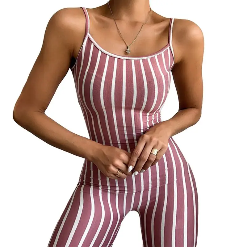 

Women Spaghetti Strap Bodycon Sling Jumpsuit Vertical Stripes Printed Sleeveless Short Rompers Sporty Stretch Playsuit