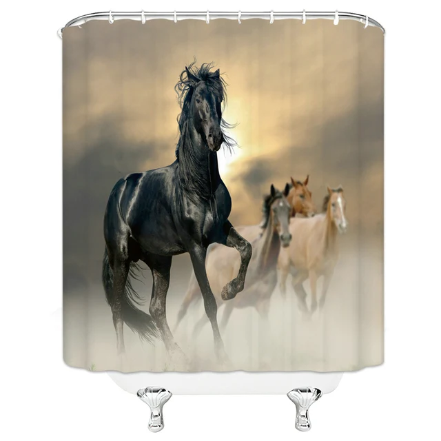 Black White Horse Shower Curtains Strong Animal Running on the Snow Bathroom Decor Home Bathtub Waterproof Polyester Curtain Set L3802