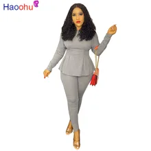 

HAOOHU Women Casual Two Pieces Solid Tracksuits Long Sleeve Peplum Shirt Top and Skinny Pants Set